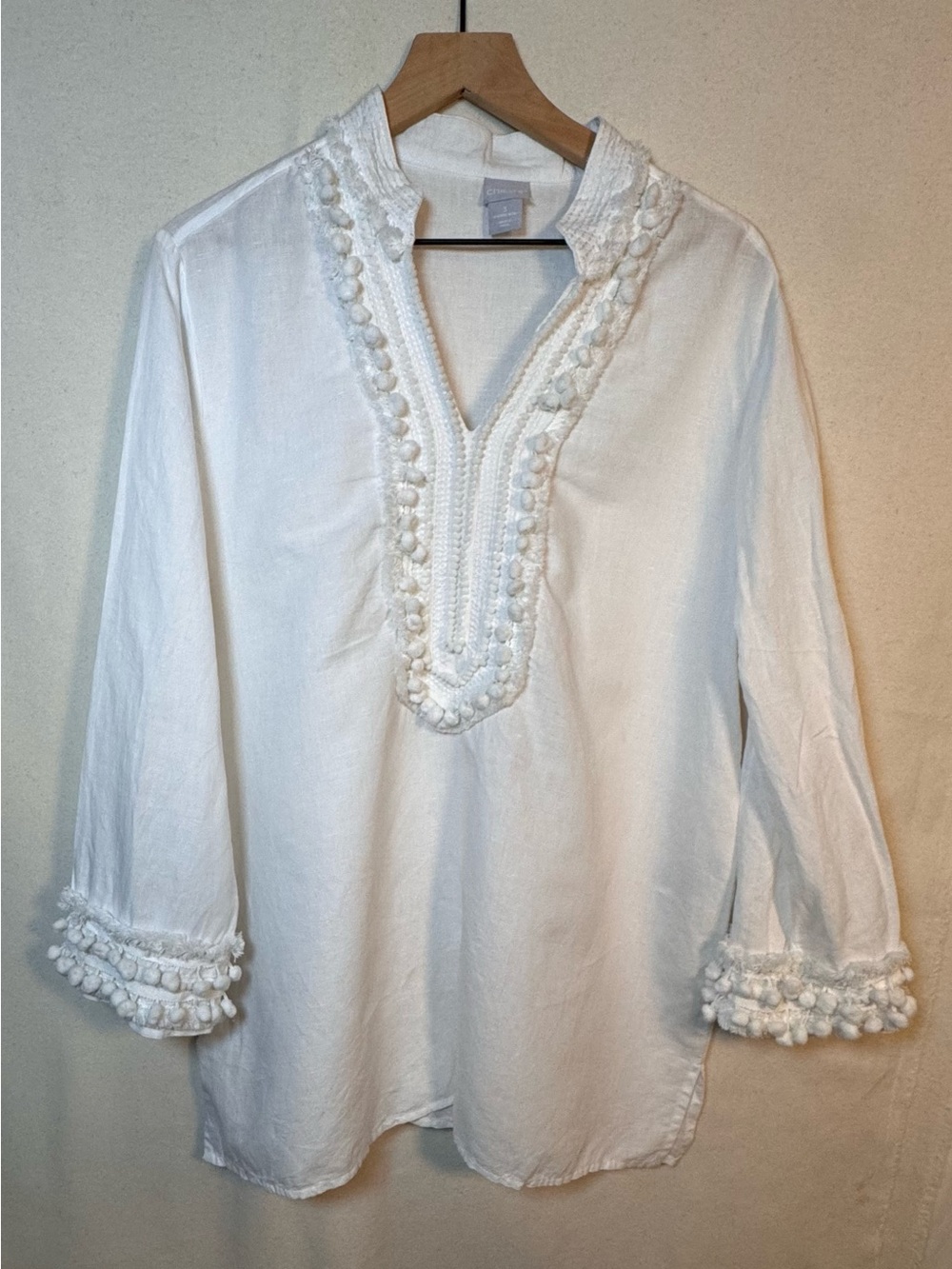 Chico's White Airy Linen Blend Embellished Pom pom Trim Kurt Tunic blouse, 3X,